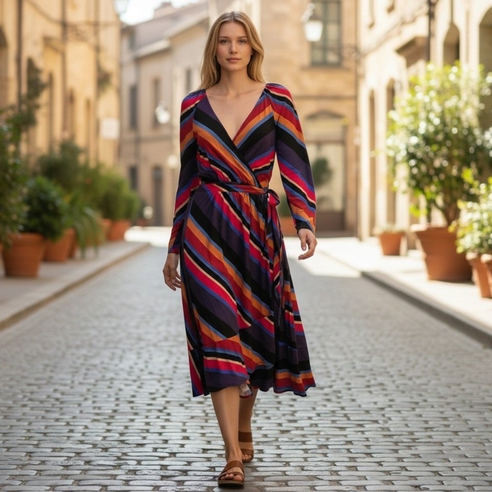 Maeve Angelique Wrap Dress XS Multi-Color Striped Long Sleeve Midi Retro
